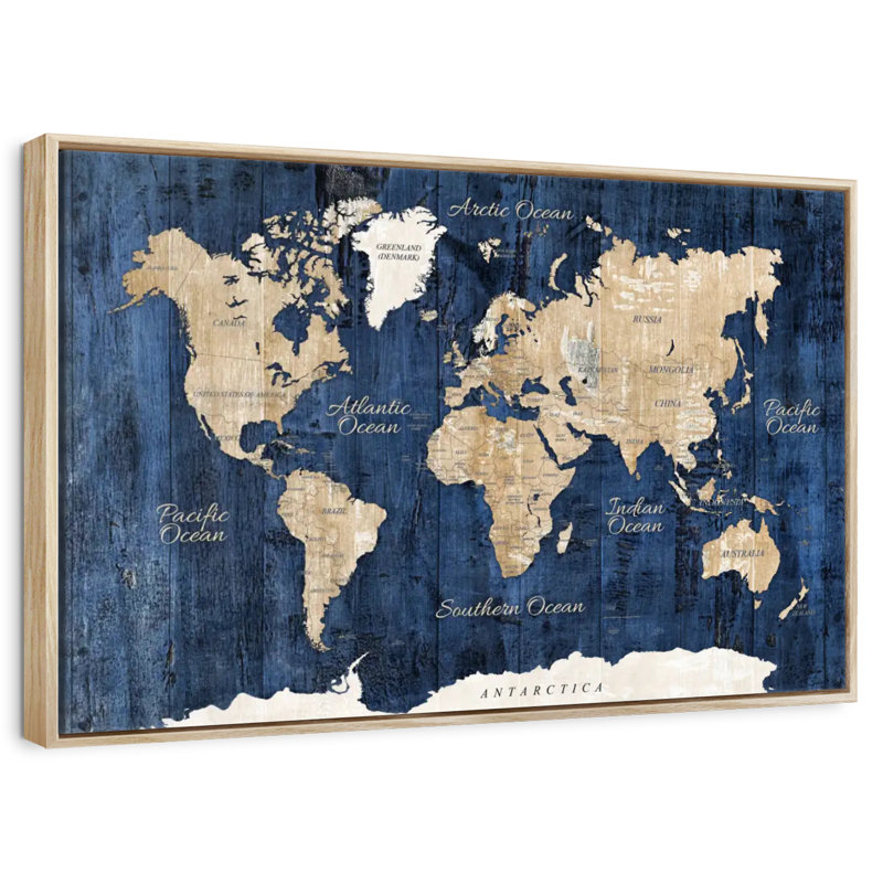 Carte du monde en bois texturé, Cadre flottant en bois naturel, 31 po x 21 po