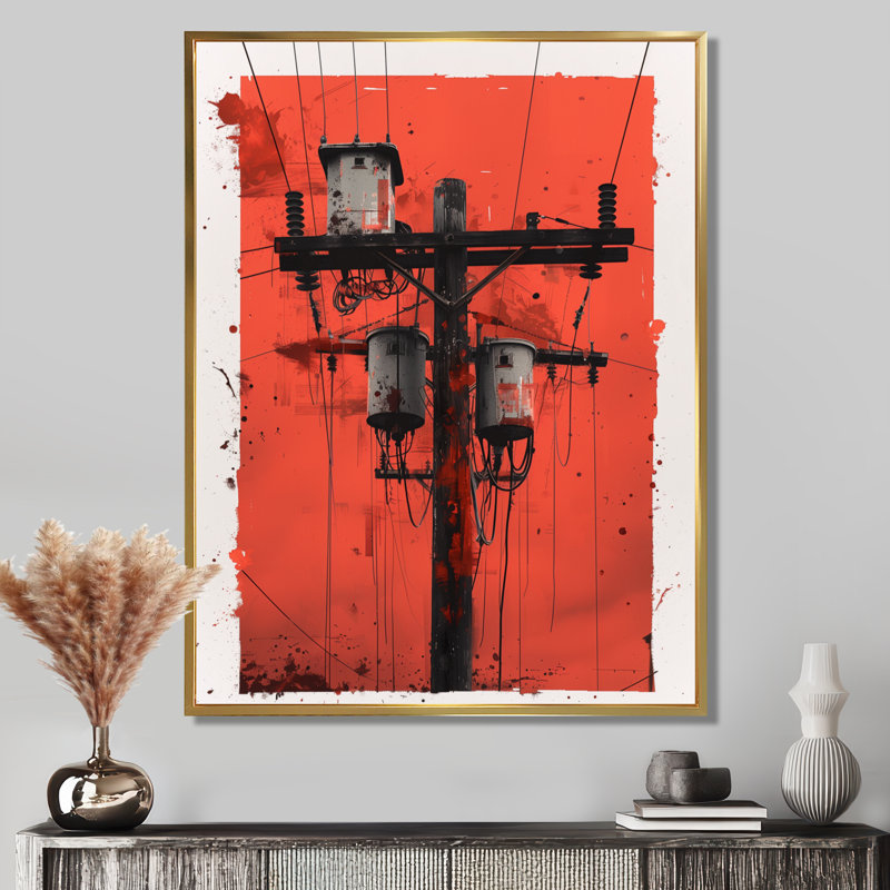 Lignes électriques rouges et noires urbaines - lignes murales électriques, Cadre flottant doré, H 12 po x l 20 po