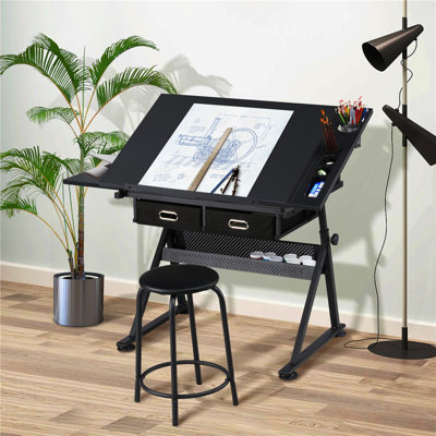 Drafting Table And Stool Set with Adjustable Table Angles And Heights