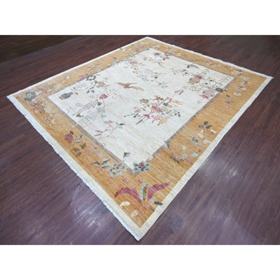 8'2"x9'3" Daisy White, Chinese Art Deco Inspired Peshawar, Vegetable Dyes, Hand Knotted, Soft and Shiny Wool, Oriental Rug