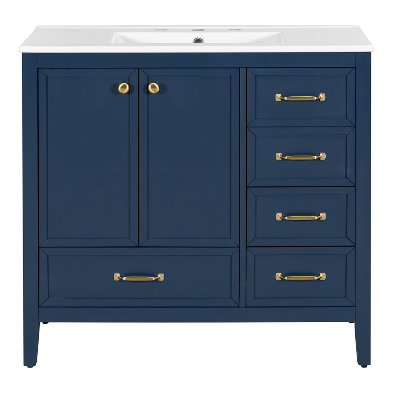 Meuble-lavabo 36 po avec lavabo, armoire de salle de bain avec porte à fermeture en douceur, 4 tiroirs de différentes tailles, structure et pieds en bois massif, un paquet, bleu
