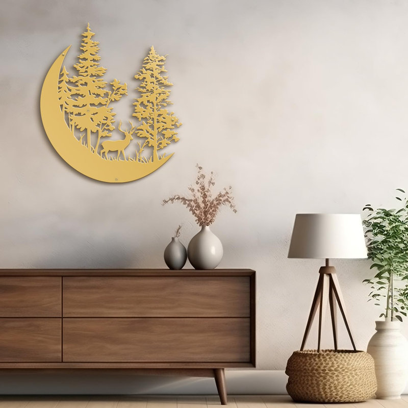 Deer in Pine Trees Forest Minimalist Modern Abstract Wall Sculpture Hangings Metal Wall Décor, Gold, 24" H x 24" W x 0.05" D