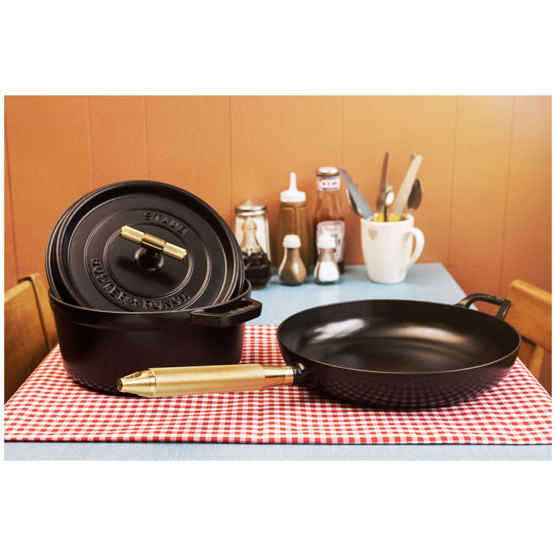 Staub Cast Iron Buster + Punch 11-Inch Frying Pan - Handle, Matte Black/Stainless Steel