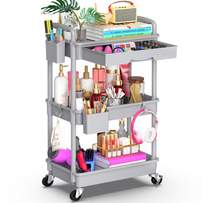 3 Tier Rolling Cart with Drawer & Lockable Wheels, Plastic Shelf Storage Organizer Cart