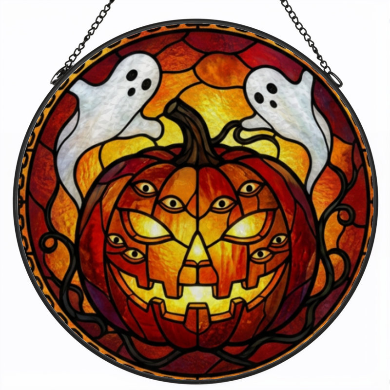 12"H Pumpkin Ghost Stained Glass Window Panel