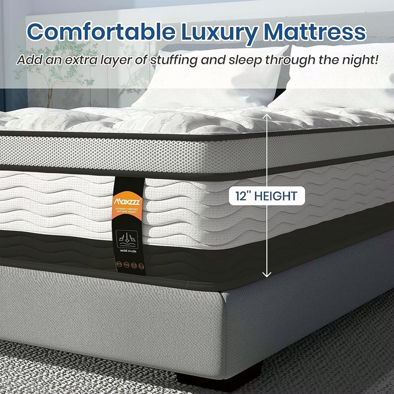 Matelas hybride dans une boîte, mousse viscoélastique imprégnée de gel rafraîchissant et matelas à ressorts ensachés, fermeté moyenne