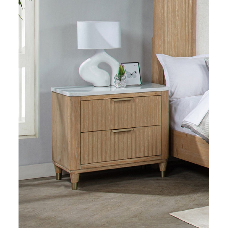 Table de chevet avec finition en bois naturel, plateau en pierre reconstituée, beaucoup de rangement et quincaillerie décorative en laiton | Idée de cadeau