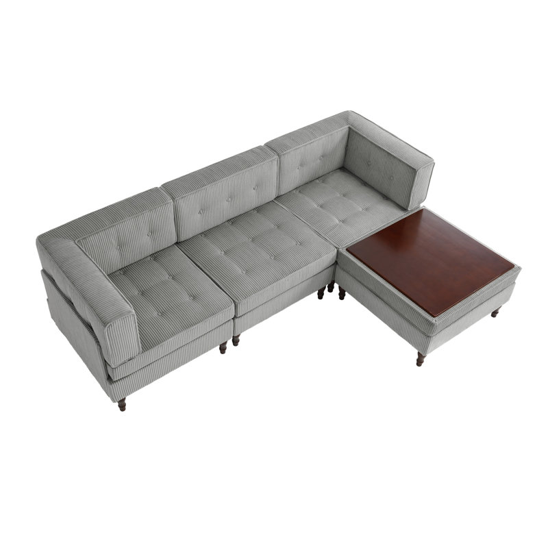 4 - Piece Upholstered Light Gray Tufted Corduroy Modular Sectional with Pillow Back and Removable Flip-Tray Top Storage Ottoman