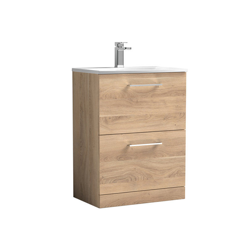 610mm Single Bathroom Vanity with Drop In Vitreous China Basin, Bleached Oak