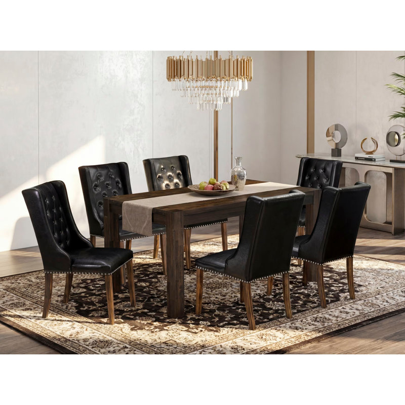 Ensemble de mobilier de salle à manger 7 pièces composé d'une table rectangulaire en bois rustique et de 6 chaises rembourrées en similicuir noir, Jacobean
