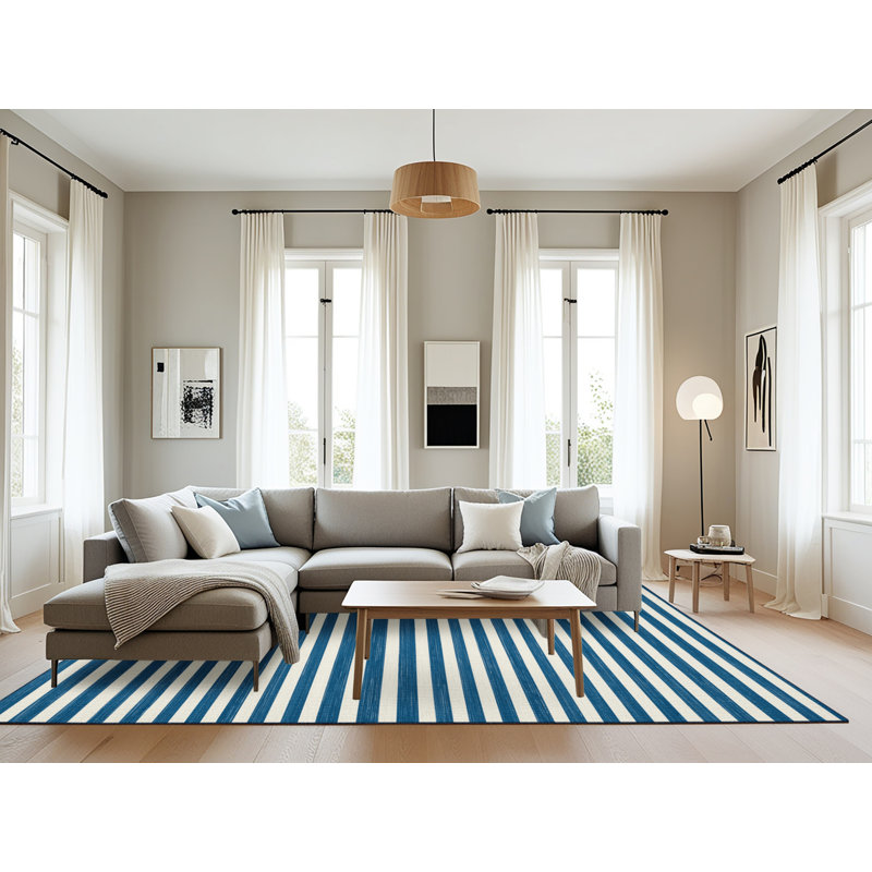 Tapis bleu à rayures horizontales lavable à la machine, Rectangle 8 pi x 12 pi