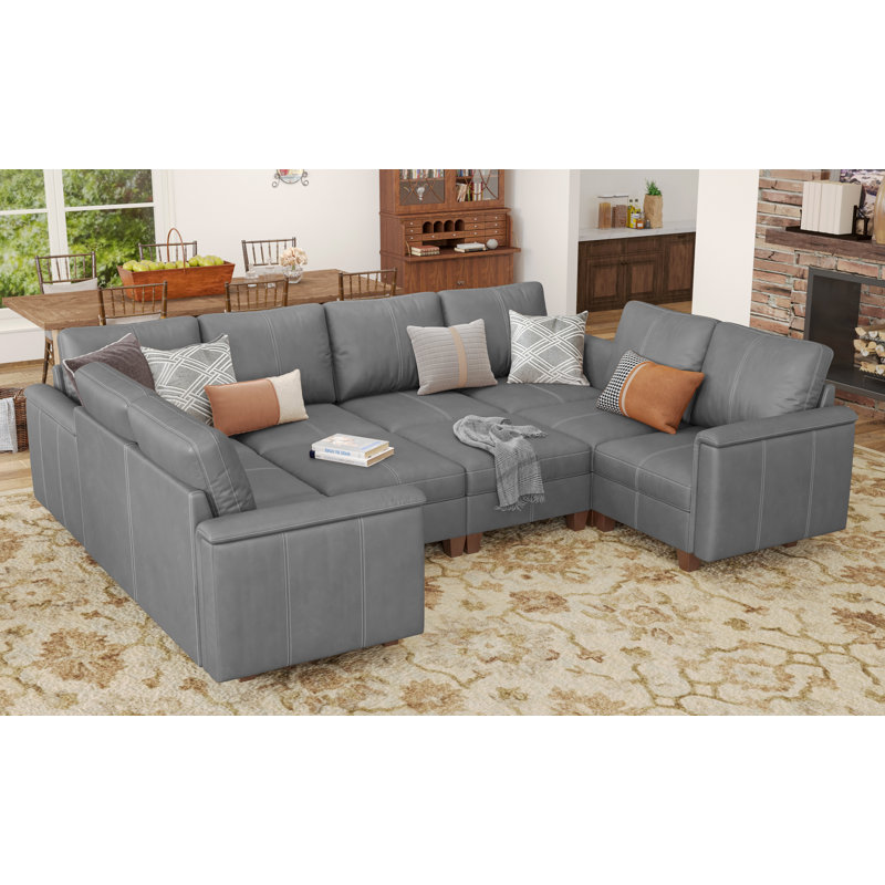 Oversized Faux Leather Sectional Couches for Living Room, Modular Convertible 10-Seat U-Shaped Sofa with Storage & Ottoman, 145 inch Width