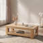 Table basse rectangulaire avec finition naturelle et rangement double couche, idéale pour le salon jusqu'à 6 personnes