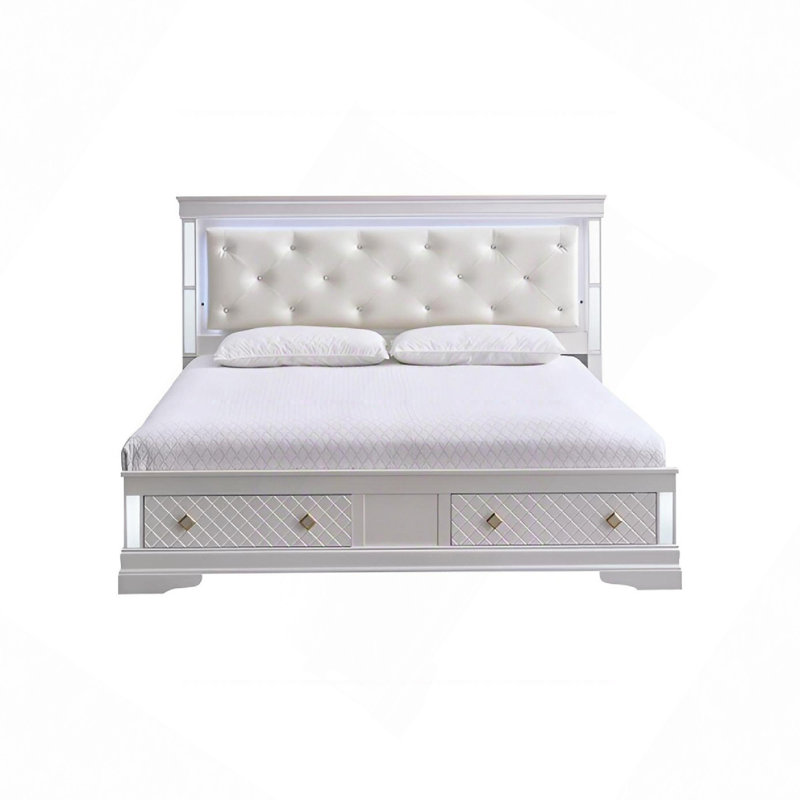 Lit de rangement de luxe, tête de lit en similicuir touffeté à bijoux, cadre en placage de bois et tiroirs de pied de lit, aucun sommier nécessaire