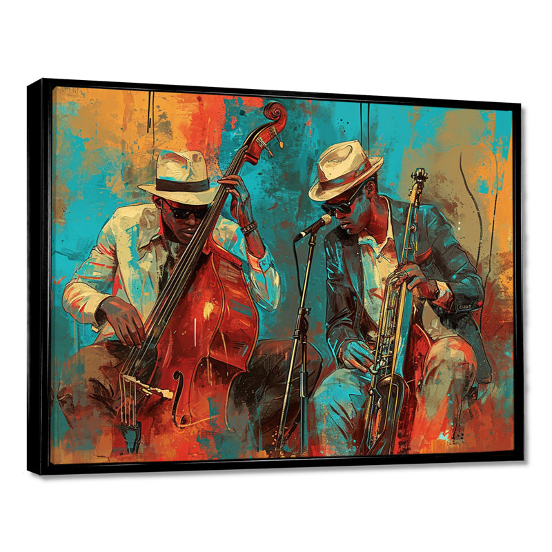 «2 Musiciens - Musicien», reproduction d'art mural, Toile avec cadre flottant noir, H 12 po x l 20 po x P 1 po