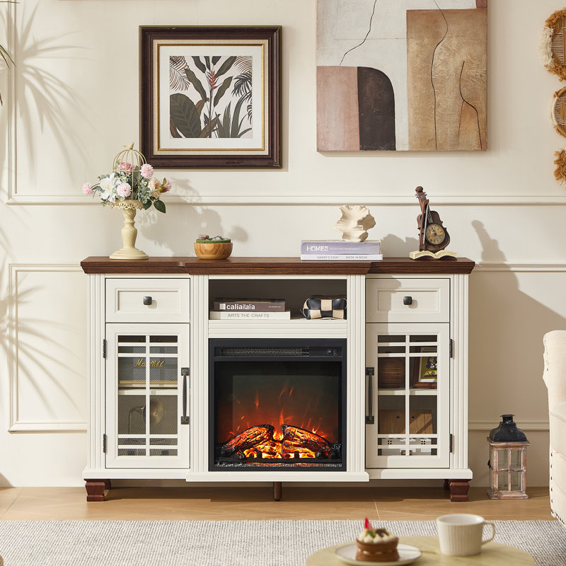 52" Fireplace TV Stand With 18”Silent Electric Fireplace, Farmhouse Entertainment Center For Tvs Up To 65", 2 Drawers TV Console With Glass Door Cabinet, White Tvs Cabinet For Living Room
