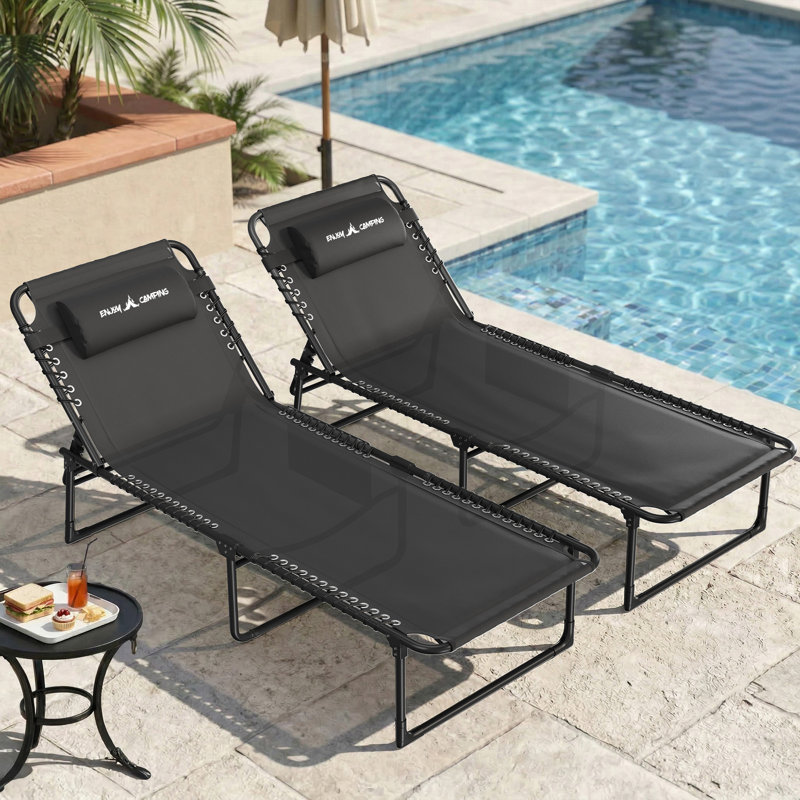 Méridienne inclinable et pliante d'extérieur 2 pièces avec dossier réglable, coussin amovible et poche latérale, Black