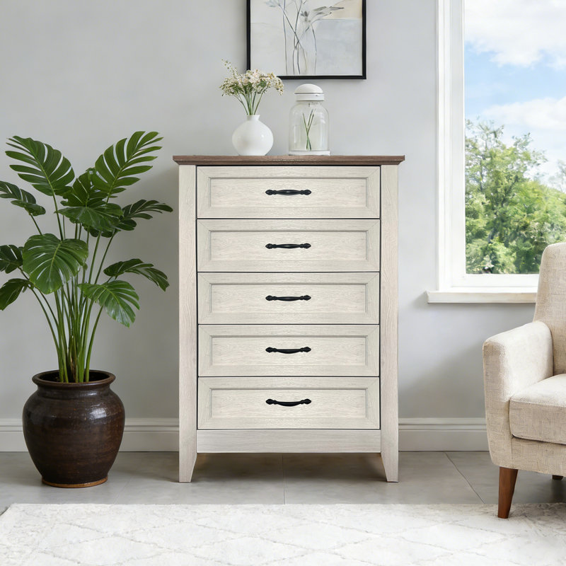 5 Drawer Dresser, Farmhouse Tall Dresser for Closet, Rustic Chest of Drawer with Wide Metal Handles, Wood Dressers Organizer for Bedroom, Living Room, Hallway, White Oak