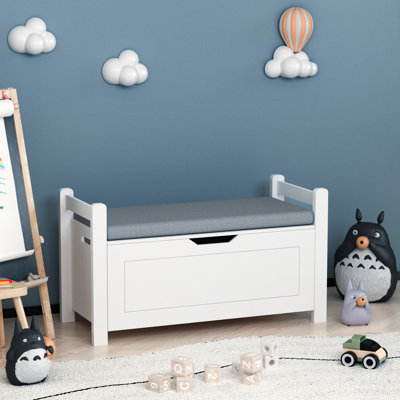 Coffre à jouets pour enfants, coffre à jouets blanc pour garçons, grande armoire de rangement avec banc à coussin / couvercle rabattable / charnière de sécurité, coffre de rangement pour jouets pour chambre de bébé, salle de jeux