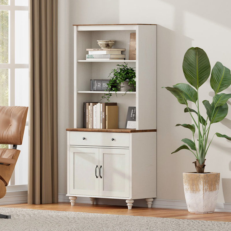 72.1"H X 33.9"W 3-Tier Bookcase With Doors & Drawer, Large Bookcases Farmhouse Bookshelves For Living Room Bedroom Home Office Kitchen, White