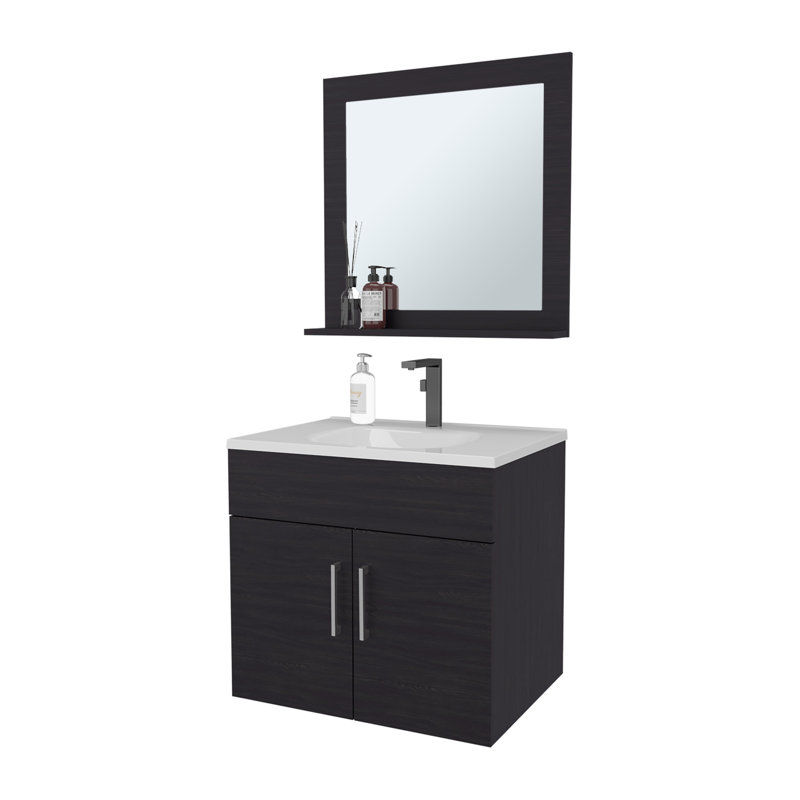 Ensemble de meuble-lavabo flottant 2 portes avec lavabo et miroir, Wengé, Wengé