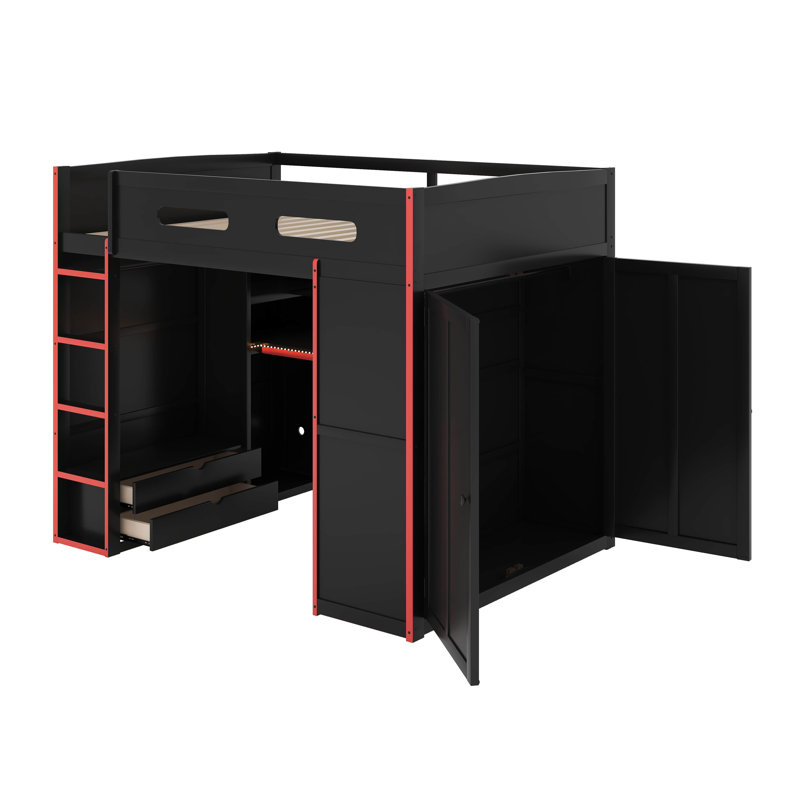 Full Size Wood Loft Bed With Desk,Wardrobe,Ample Storage Space,And RGB LED Light, Black/Red