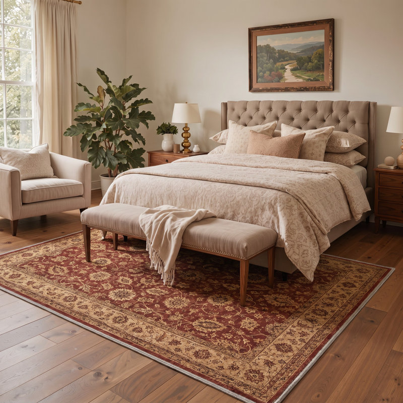 Tapis oriental vintage à motifs floraux, lavable à la machine, rouge et beige, avec envers antidérapant