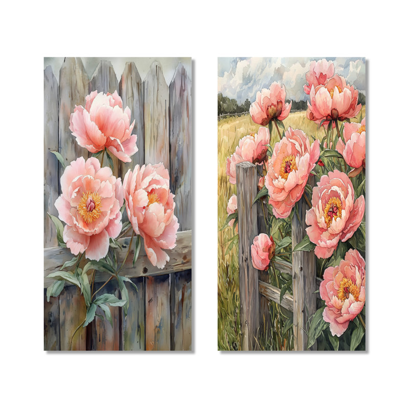Pivoines à la clôture de la ferme I - Botanique, ensemble de 2 décorations murales en métal, 32" H x 32" W