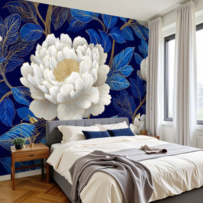 Floral Peel and Stick Wallpaper Elegant White Gold Peonies Metallic Sheen Royal Blue Wall Murals 100"H x 144"W Removable PVC Wall Paper Self-Adhesive Wall Paintings Art Decor for Boys Bedroom Play Room Men Cave Beauty Salon