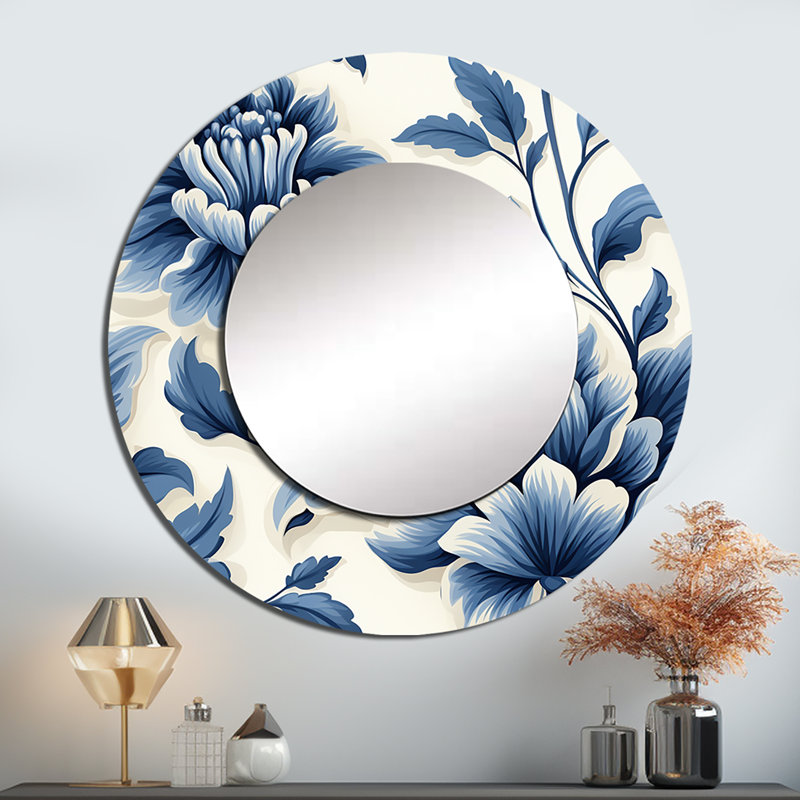 Blue Marine Flower Damask Serenity - miroir damassé, miroir mural décoratif gris, impression d'art en métal, 36 po x 36 po