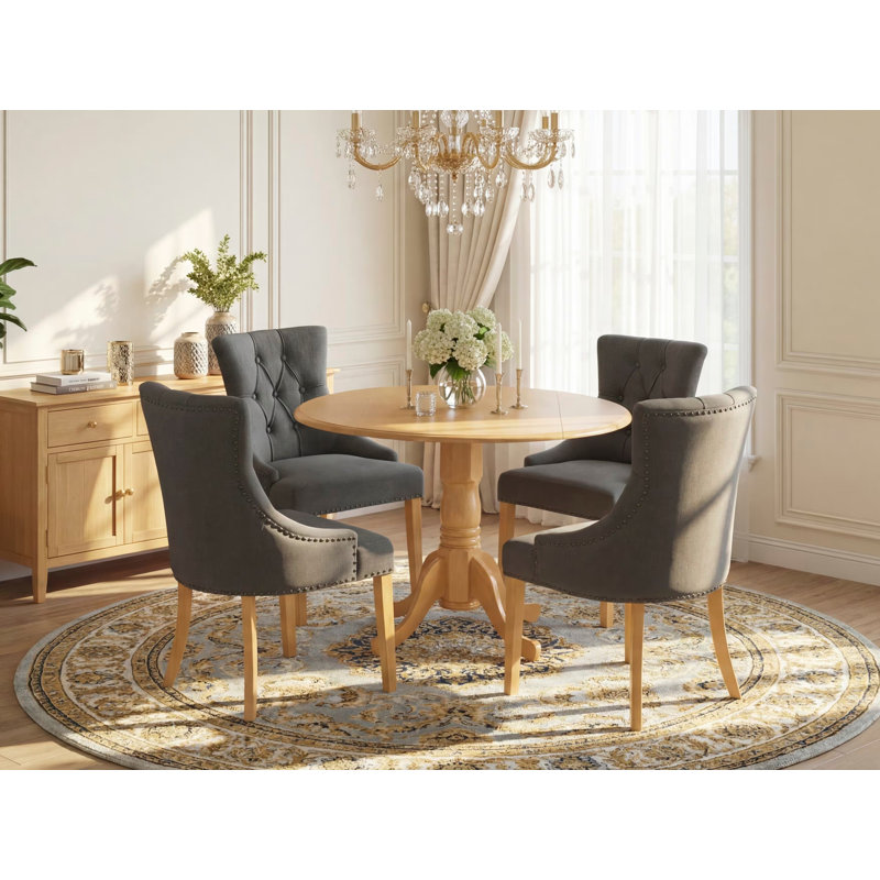 5 Piece Dining Set Includes a Round Dining Room Table with Dropleaf and 4 Dark Gotham Linen Fabric Upholstered Parson Chairs, Oak