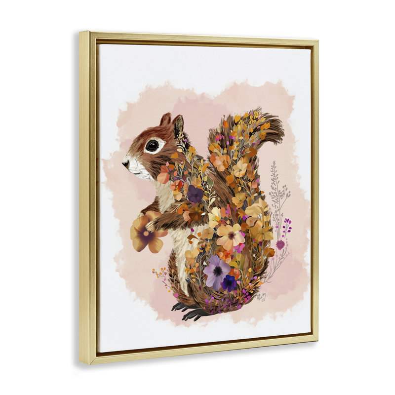 Art mural sur toile écureuil à motif de fleurs sauvages par Fab Funky, H 31 po x l 25 po, Cadre flottant métallique doré
