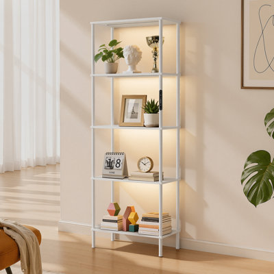 Large Columnar Bookcase with Five Shelves and Integrated Dimmable LED Lighting – White