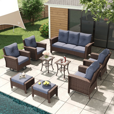 Lark Manor™ 9 Piece Wicker Patio Furniture Set, Classis Outdoor Conversation 360 Degree Swivel Chairs Set with Coffee Table