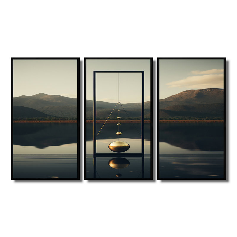 Sphère dorée de sérénité zen - ensemble d'art mural paysage abstrait, H 28 po x l 36 po x P 1 po, Cadre flottant noir