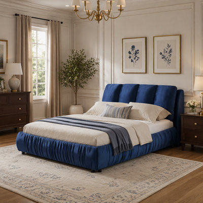Structure de lit tapissier pour grand lit, style minimaliste moderne avec tête de lit éponge compressée dodue, velours brillant et repose-pieds robuste, matelas non inclus