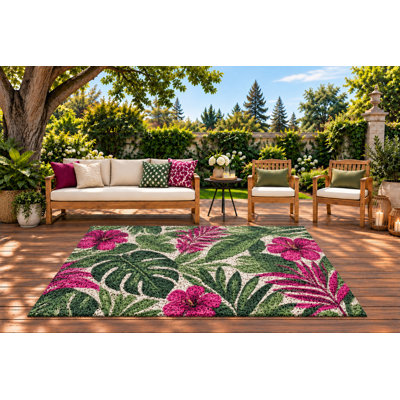 Tapis d'extérieur 152 x 213 cm, motif feuilles d'hibiscus tropical, tapis bouclé en PVC imperméable, tapis de terrasse résistant à séchage rapide, idéal pour porche, terrasse, balcon, entrée et jardin.