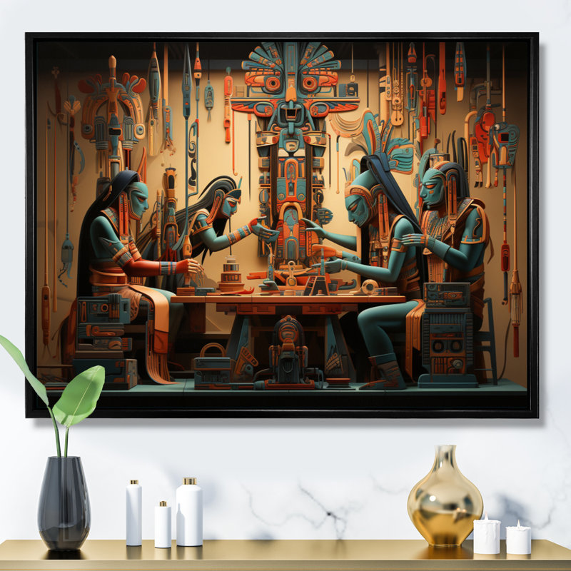 Art amérindien tissant la tapisserie - impression, H 16 po x l 32 po x P 1 po, Cadre flottant noir