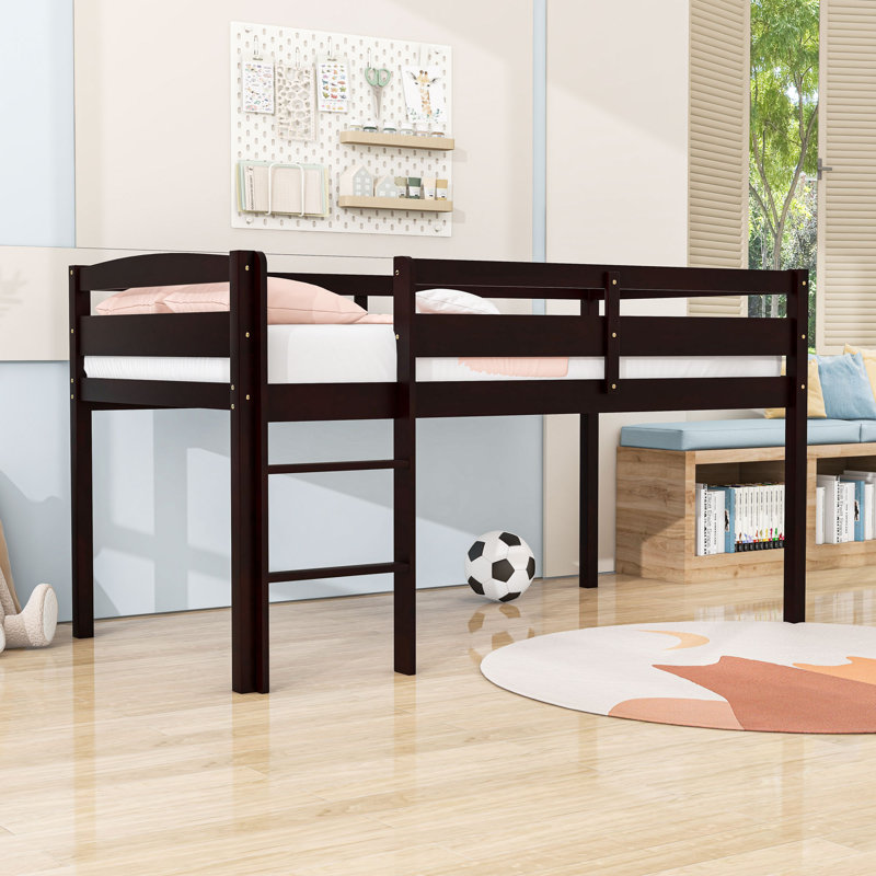 Lit mezzanine simple en bois avec échelle et garde-corps, Espresso