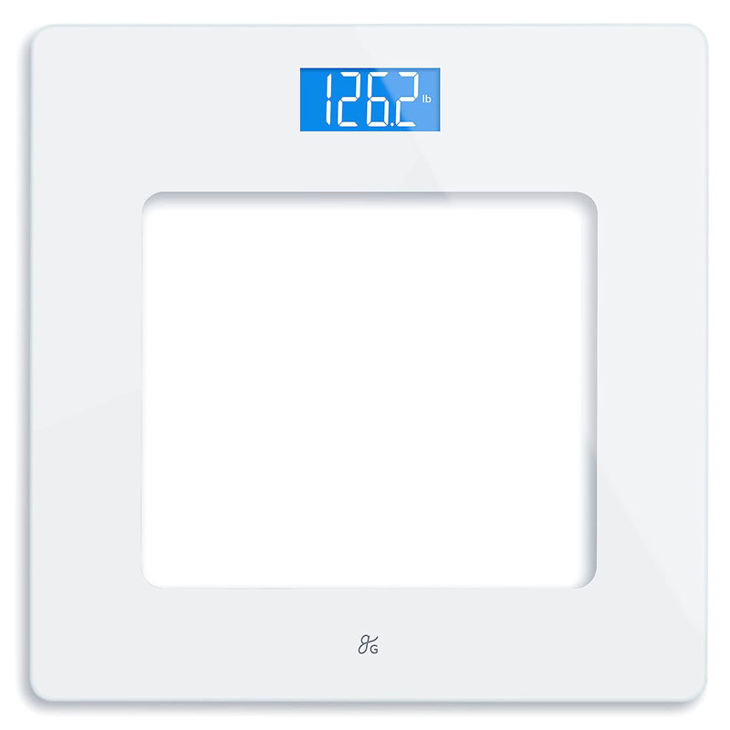 Pèse-personne numérique plus grand et plus grand, design minimaliste moderne, pèse-personne compact en verre trempé avec écran ACL rétroéclairé, capacité de 400 lb, blanc