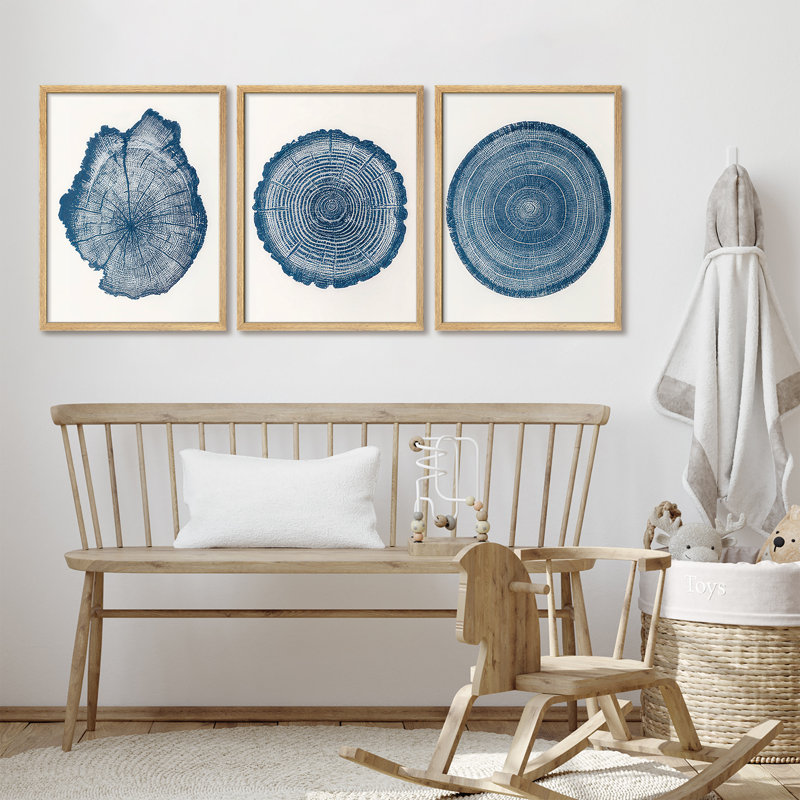 Ensemble de 3 reproductions d'art encadrées à motif de cercles de grain de bois en bleu Indigo, H 14 po x l 11 po, Naturel