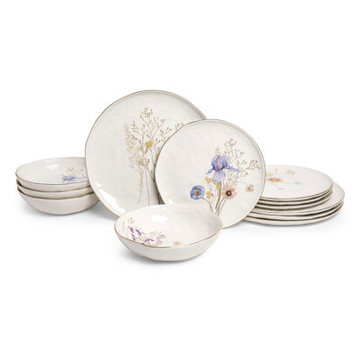Service de table en porcelaine de luxe 12 pièces Sango Gansevoort pour 4 assiettes et bols en blanc brillant avec motifs de fleurs sauvages et rebords dorés, ensemble de vaisselle en céramique, vaisselle élégante pour tous les jours, allant au micro-ondes et au lave-vaisselle