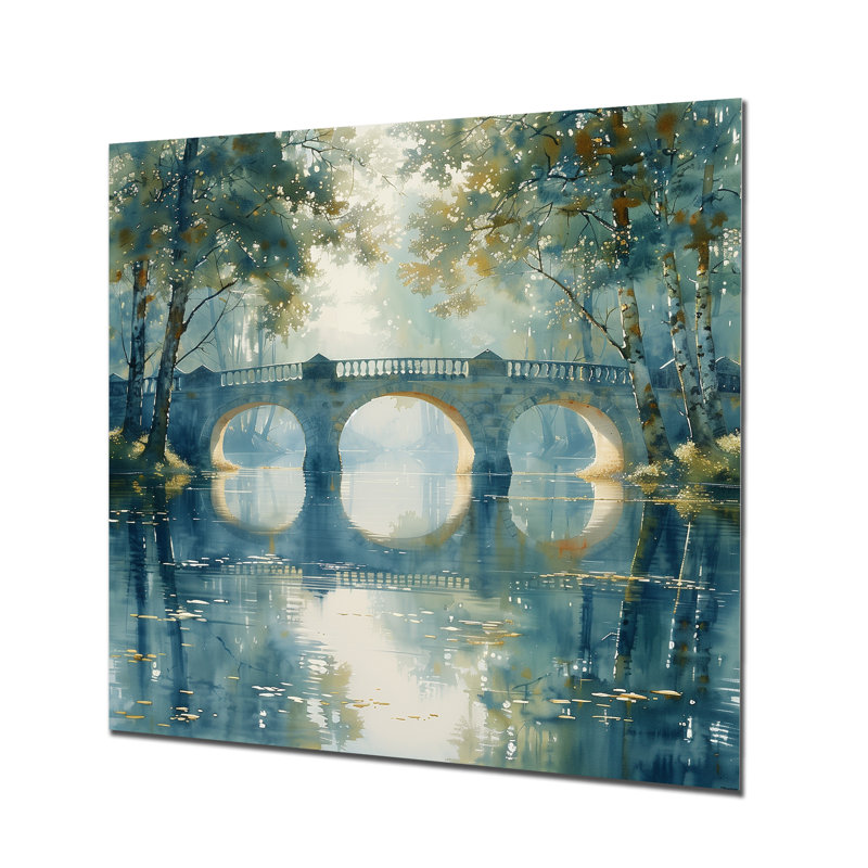 «Beige Green River Reflections Park Bridge I», art mural, Toile tendue, H 16 po x l 16 po x P 1 po