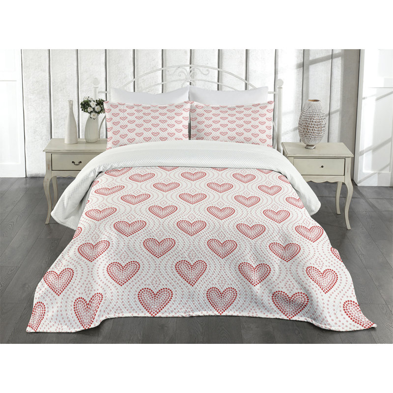 Ambesonne Pearls Bedspread Set Dotted Heart Pattern Blush Cream Red, King Bedspread + 2 Standard Shams