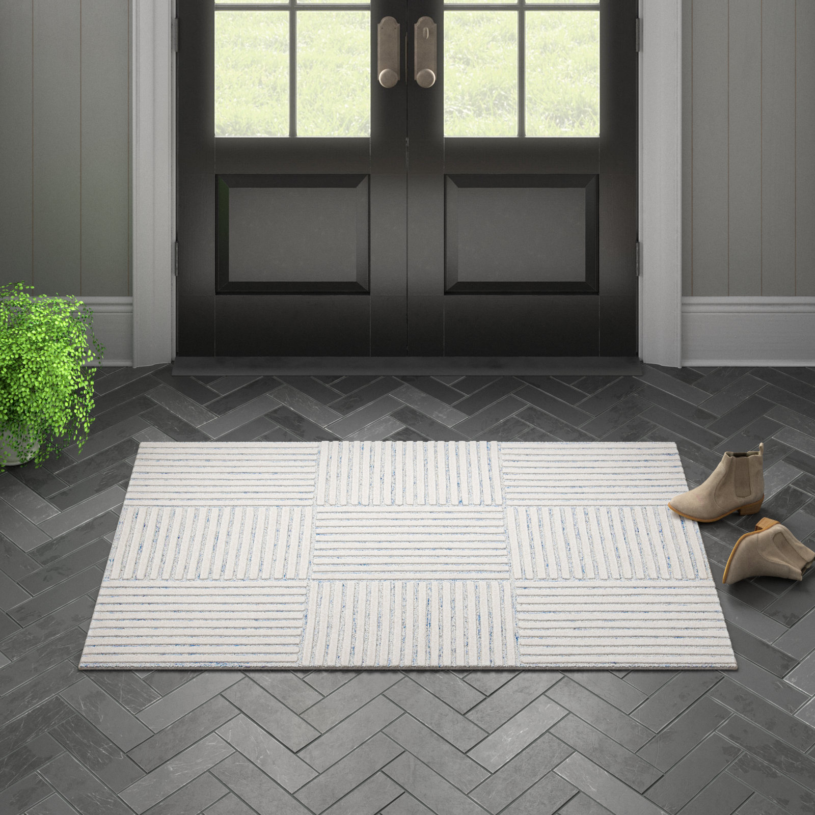 Asgari Blue Ivory Hand-Tufted Wool Striped Rug, Rectangle 3' x 5'