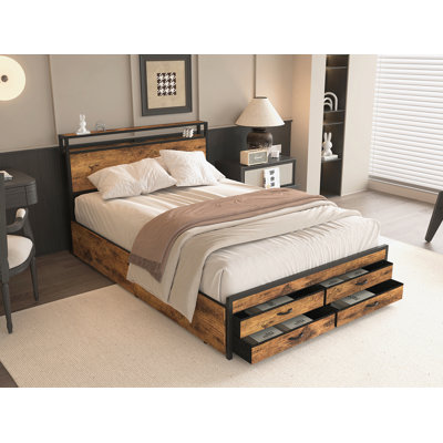 Size Bed Frame With 8 Storage Drawers, LED Headboard With Charging Station, Metal Platform Bed Frame, No Box Spring Needed, Noise-Free, Stable And Solid
