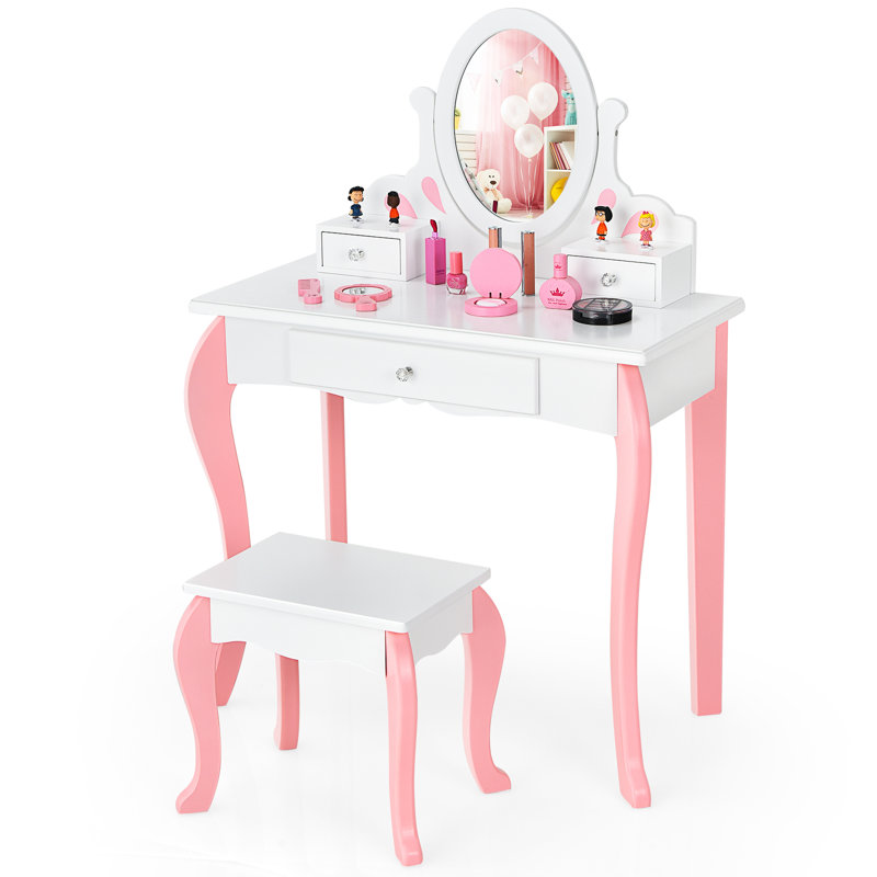 Taren Dressing Table with Mirror, Pink/White