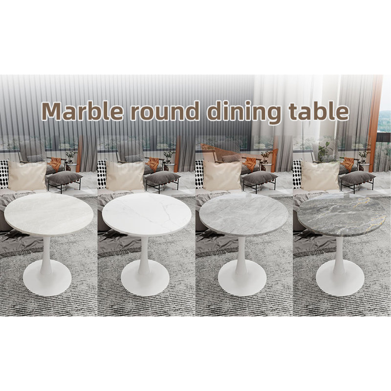 Marble-Top Round Side Table With Tapered Pedestal Base, Ideal For Living Room, Modern Minimalist Design, White, White