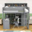 Lit mezzanine simple en bois avec bureau intégré, armoire de rangement et tablettes-1739048945