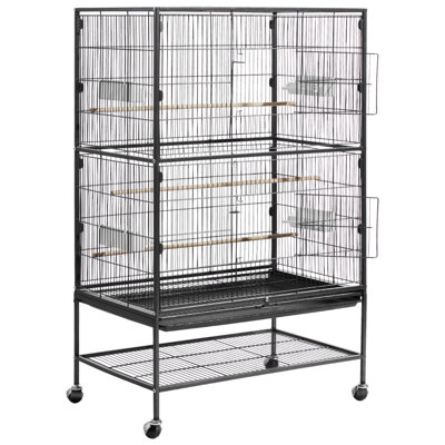 Cage à oiseau, 31,5 x 20,5 x 52 po, toit plat, cage de vol en fer forgé avec perchoirs, plateau coulissant et mangeoires en plastique, roulettes pour perroquet, mésange bleue, cockatiel, canari et perruche moine